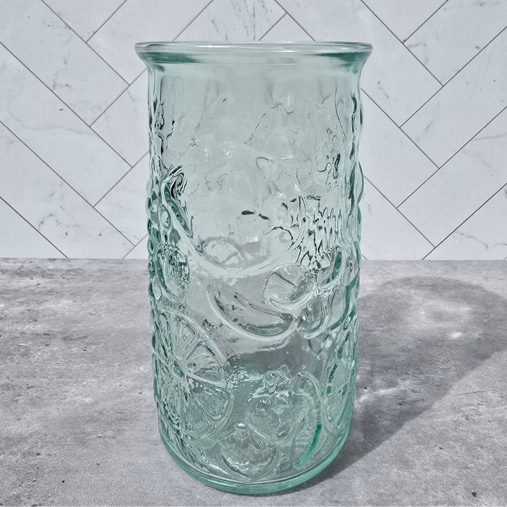 Vintage Made in Italy Green Glass Fruit Embossed Vase Carafe Grapes Citrus
